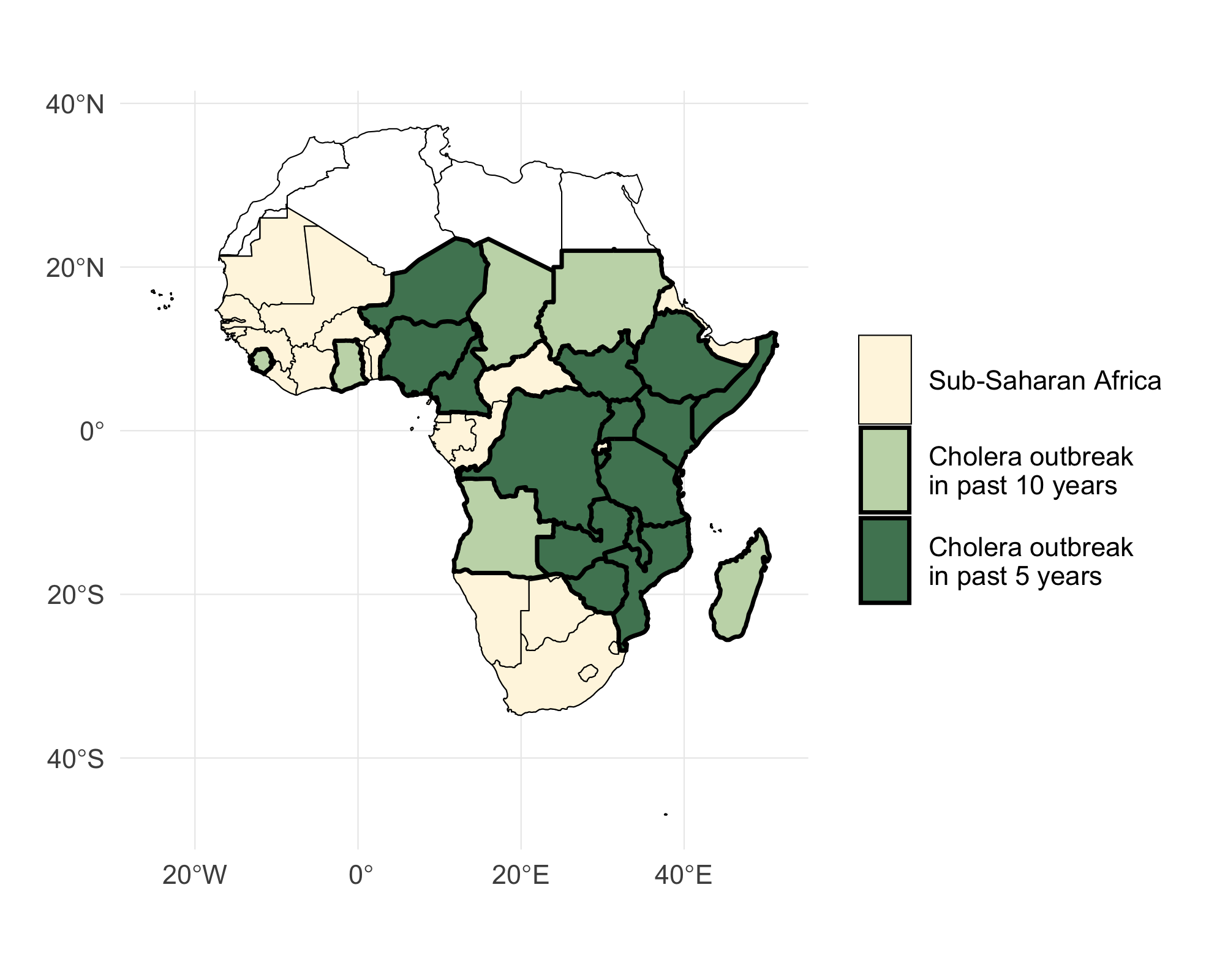 A map of Sub-Saharan Africa with countries that have experienced a cholera outbreak in the past 5 and 10 years highlighted in green. The 40 countries included in the MOSAIC modeling framework are indicated in blue.