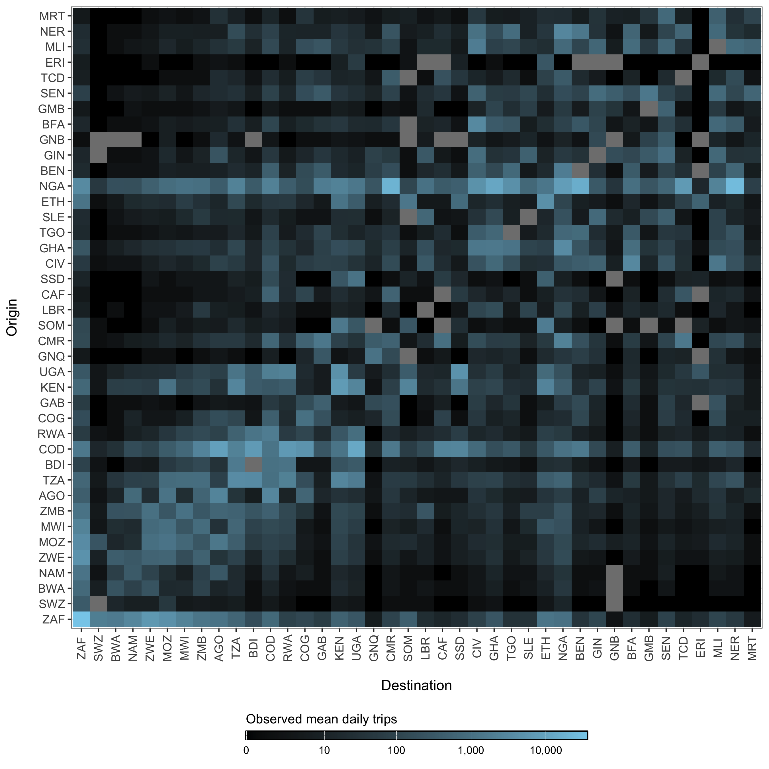 The average number of travelers per day among all countries in the fused origin-destination matrix, which combines air passenger volume with overland movement.