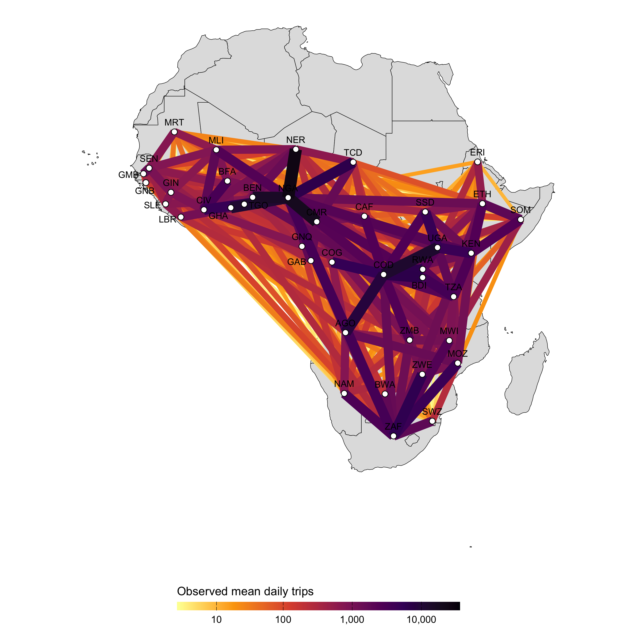 A network map showing the average number of travelers per day in the fused origin-destination matrix.
