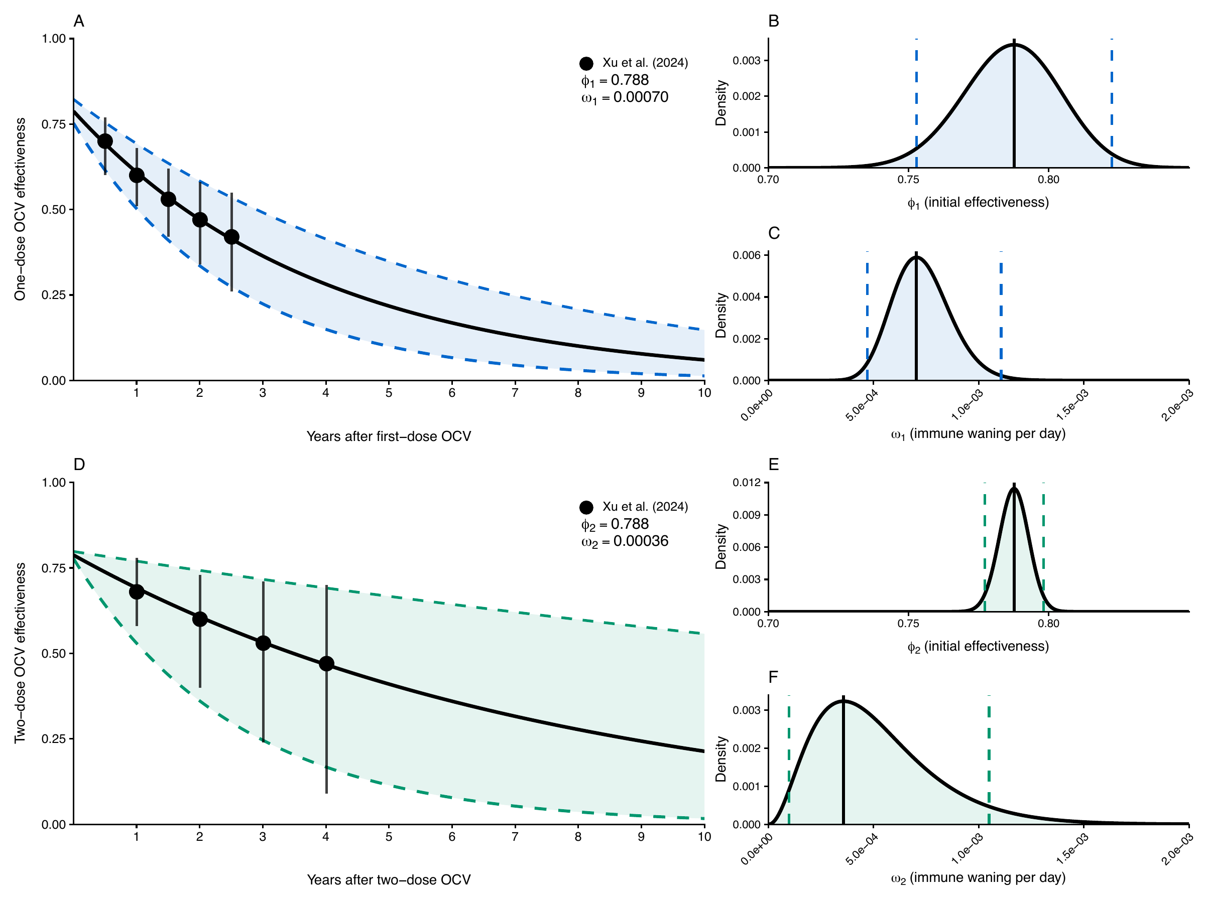 Vaccine-effectiveness priors for the one-dose (top row, blue) and two-dose (bottom row, green) OCV regimens, derived from the [Xu et al. 2024](https://doi.org/10.1101/2024.08.13.24311930v2) meta-regression. Panels A and D show the fitted exponential decay $\text{VE}_k(t) = \phi_k \exp(-\omega_k t)$ (solid line) and 95% prediction envelope (dashed lines), with the Xu et al. mean estimates (filled circles) and 95% CI bars overlaid; the mode estimates from the fits are reported in the upper-right of each panel. The two-dose fit is constrained so that $\phi_2 \ge \phi_1$. Panels B and E show the Beta distributions fitted to the initial effectiveness $\phi_1, \phi_2$; panels C and F show the Gamma distributions fitted to the daily waning rates $\omega_1, \omega_2$. In each density panel, the solid vertical line marks the mode and the dashed coloured lines mark the 95% CI bounds carried over from the data fit. The priors of Equation \@ref(eq:effectiveness) are fitted to the same modes with these intervals slightly widened; they are close to the distributions shown for $\omega_1, \omega_2$ and markedly wider for $\phi_1, \phi_2$.
