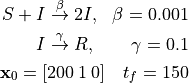 \begin{aligned}
S + I & \stackrel{\beta}{\rightarrow} 2I,&   \beta = 0.001 \\
I & \stackrel{\gamma}{\rightarrow}  R, &     \gamma = 0.1 \\
\end{aligned}
\\
\mathbf{x}_0 = [200 \: 1 \: 0]  \quad t_f = 150